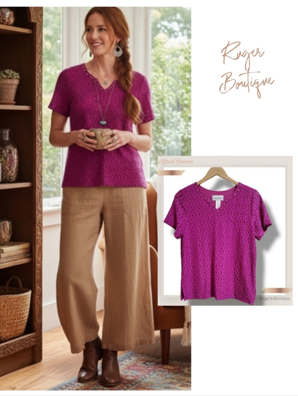 🌿Alfred Dunner Women's Small Magenta Lace Shortsleeve V-Neck Jeweled Top
